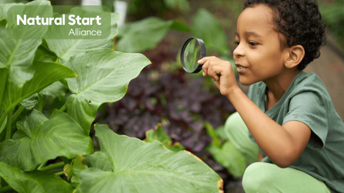 little boy crouched down looking at plants through a magnifying glass